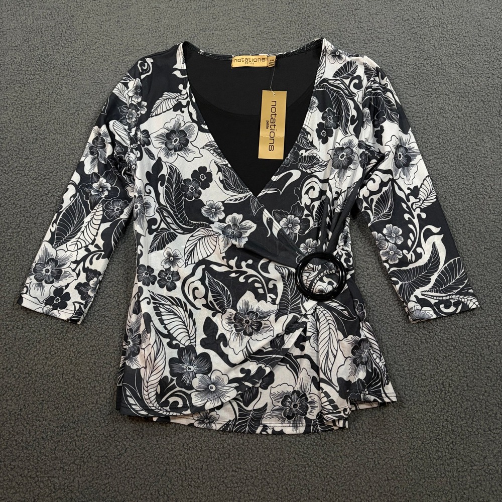Notations Top Womens PM Black White Floral Faux Wrap O-Ring 3/4 Sleeve Blouse